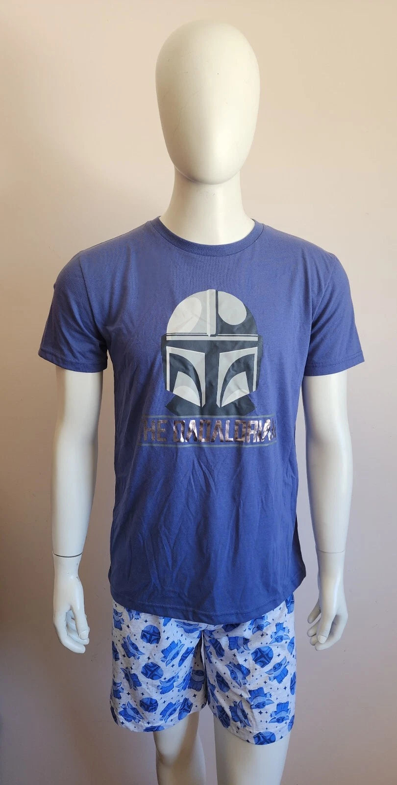 Star Wars Mens Mandalorian Blue Grey Printed 2 Piece Pyjama Set Size S New