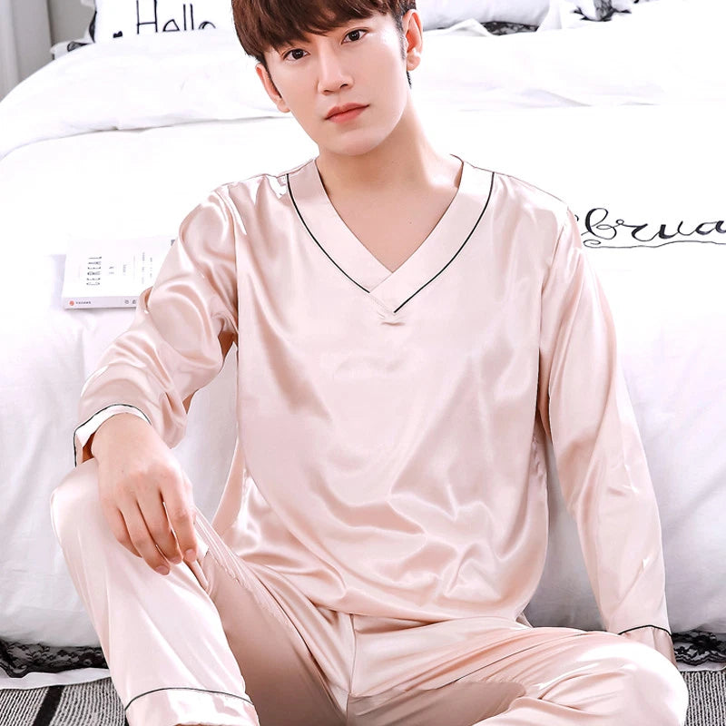 NWT 2PCS Mens Silk Satin Pajamas Sleepwear Pyjamas PJS Long Sleeve M031 M L XL