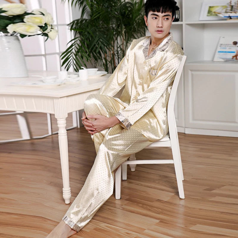 NWT 2PCS Mens Silk Satin Pajamas Sleepwear Pyjamas PJS Long Sleeve M024  M,L,XL