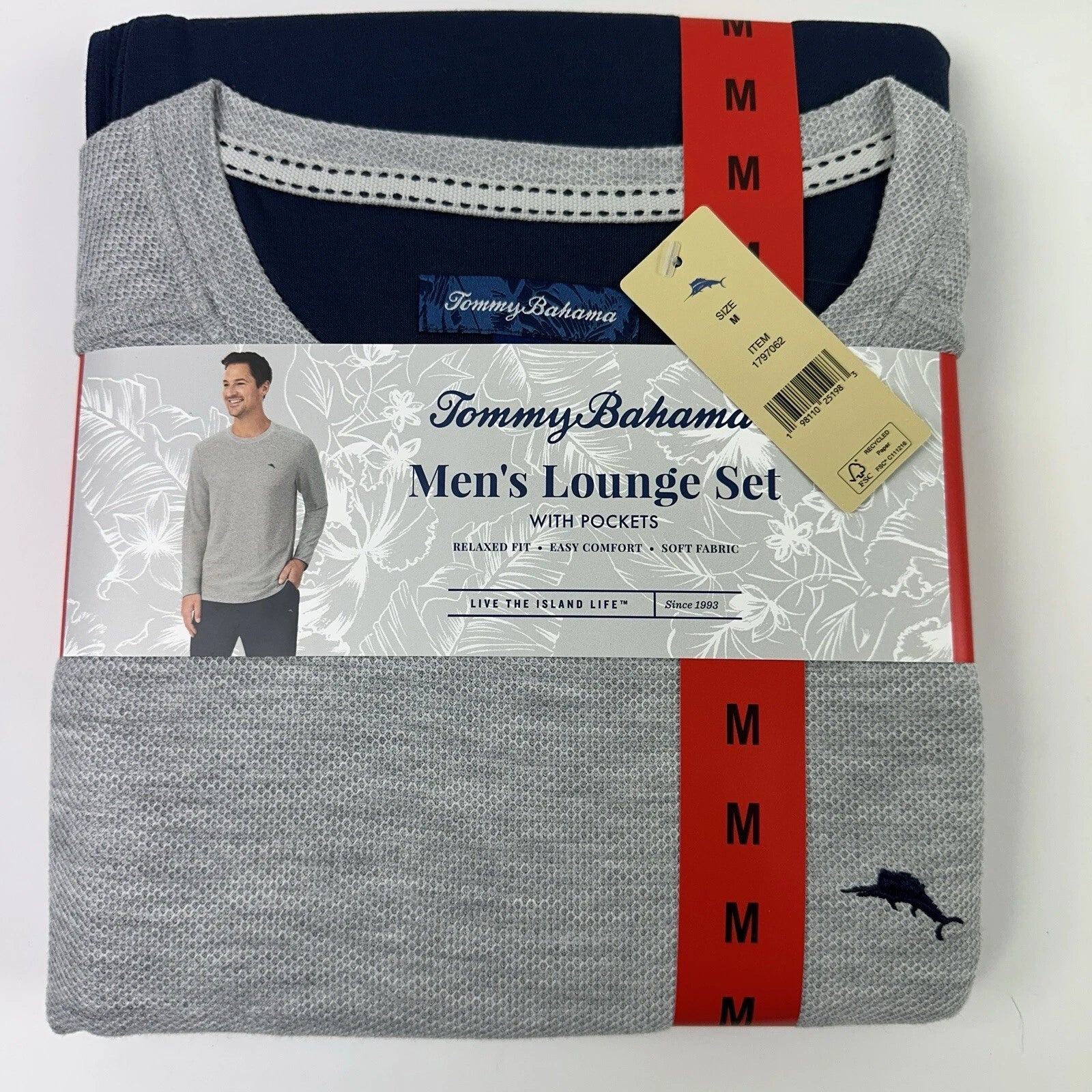 Tommy Bahama Pajamas Men's M Blue Grey Waffle Lounge Set 2-Piece Pants Shirt