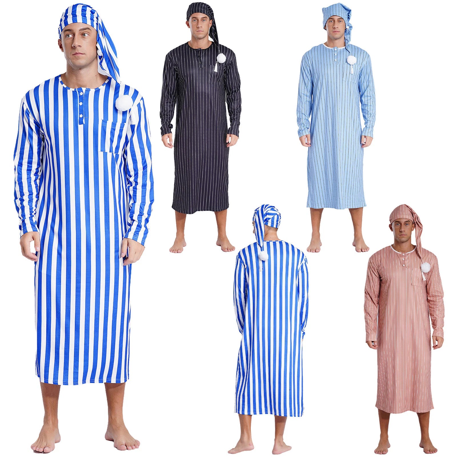 Mens Nightgowns Arabian Pajamas Striped Nightwear Loose Fit Up Cosplay Costume