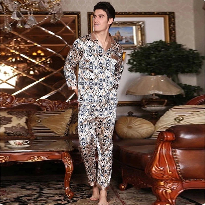 NWT 2PCS Mens Silk Satin Pajamas Sleepwear Pyjamas PJS Long Sleeve M029 M L