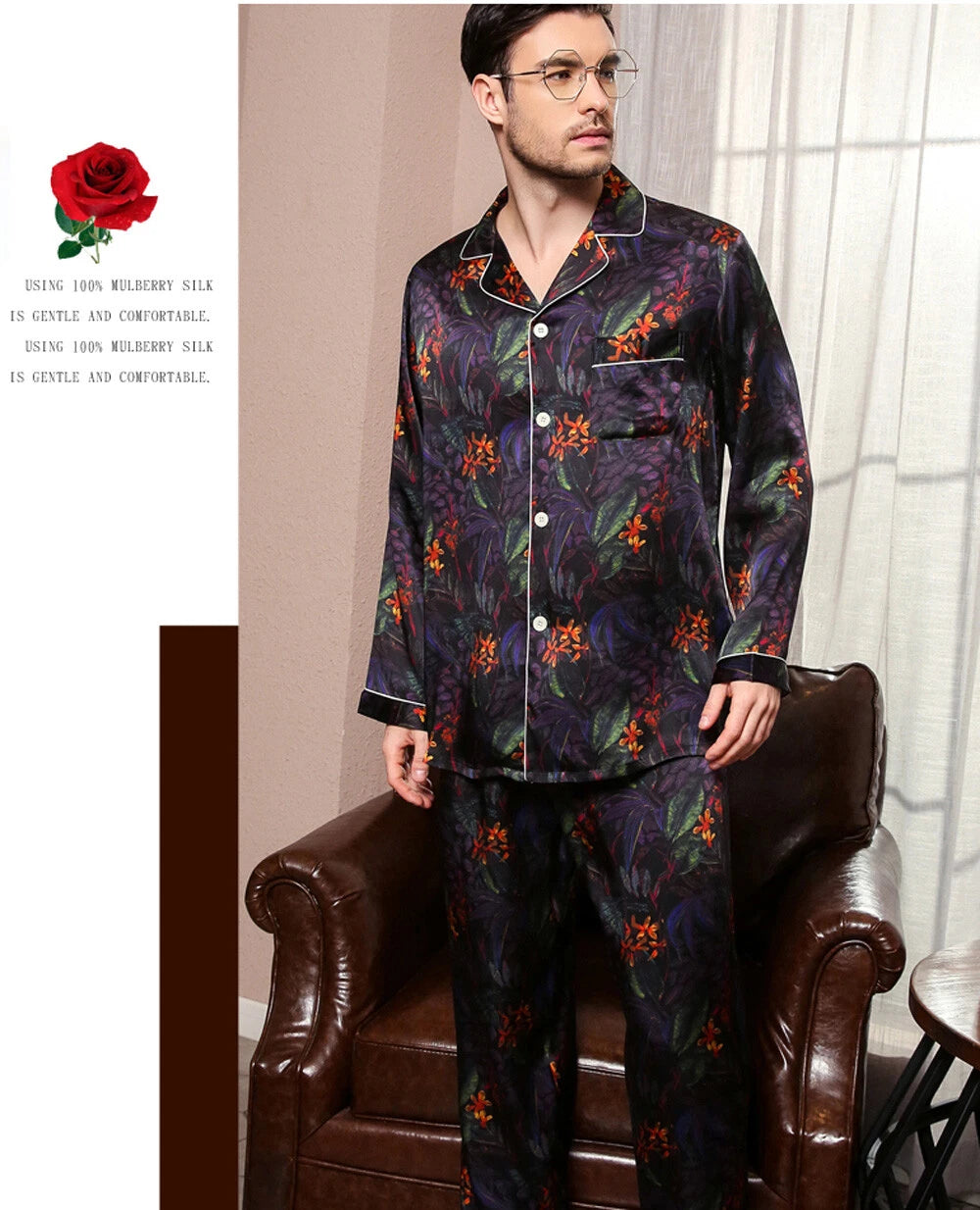 Men's Print 100% Mulberry Silk Pajamas Set Winter Long Sleeves Silk Sleepwear