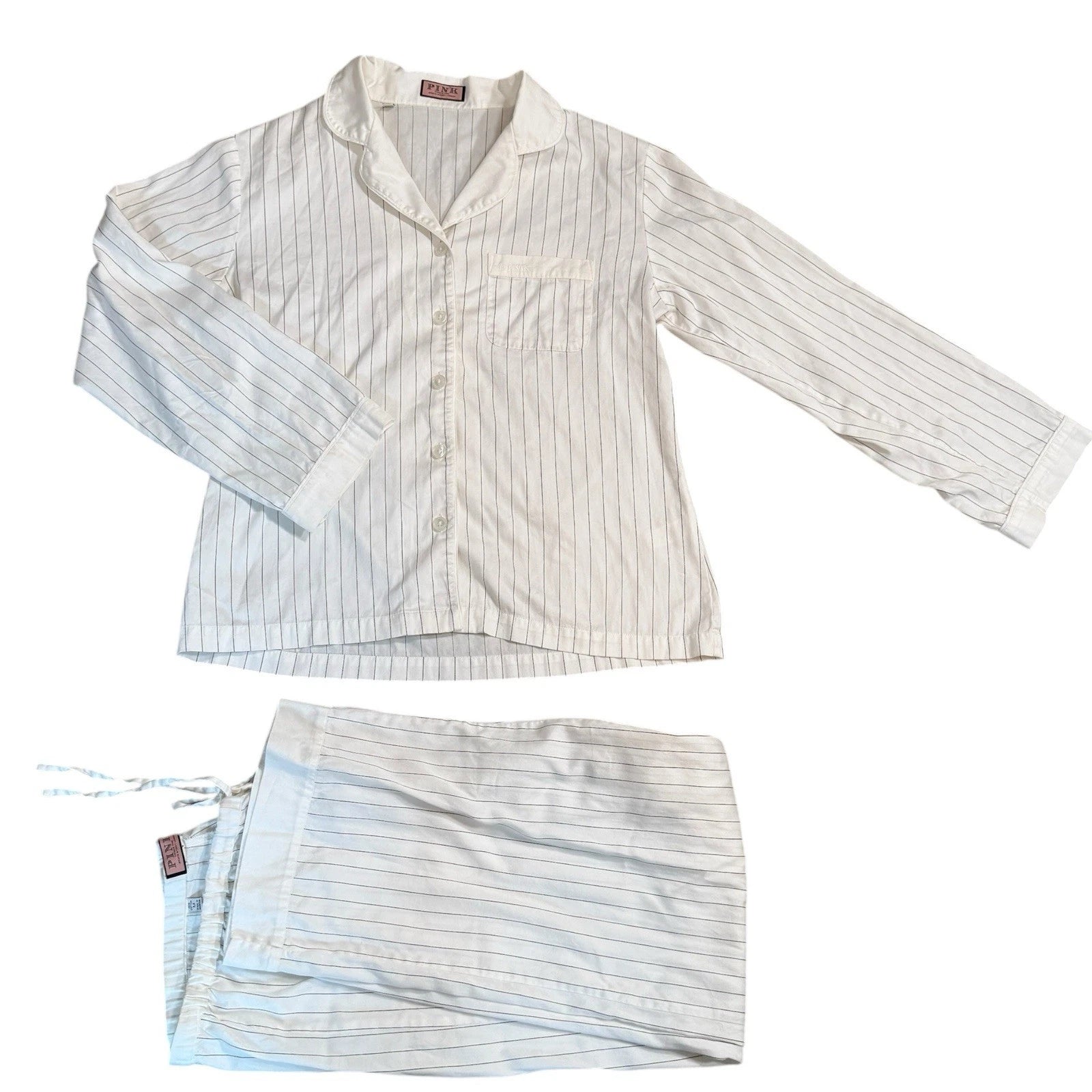 VTG Thomas Pink Pajamas Set M White Pinstripe 100% Cotton 2 Pc Lounge Sleepwear