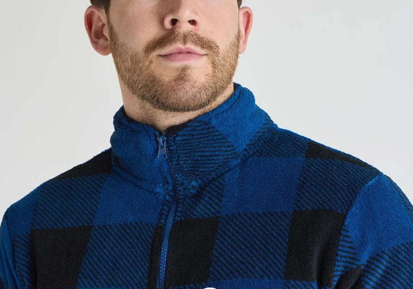 Mens High Street Checked Fleece Blue/Black Soft Warm Pyjamas Lounge Set