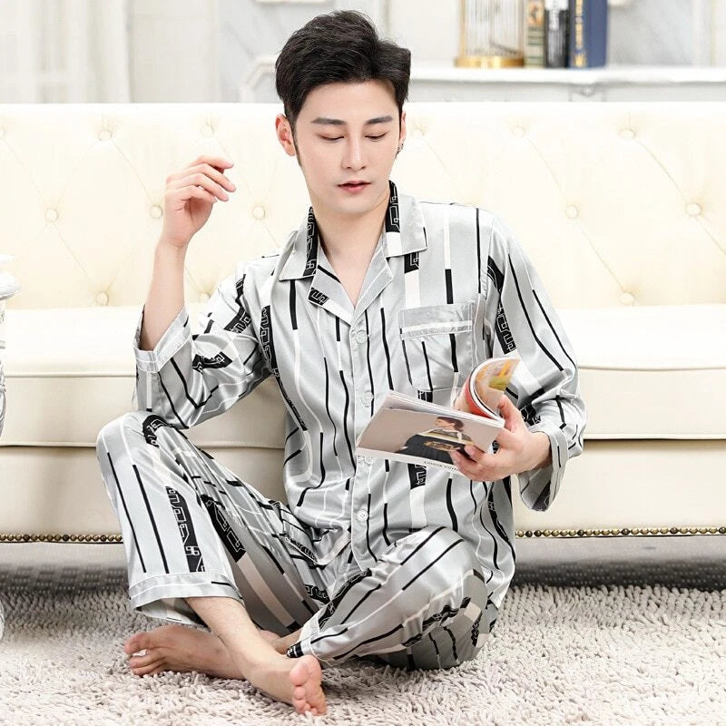 Mens Pajamas Nightwear Long Sleeve Sleep Tops Trousers Thin Ice Silk Pajamas Set
