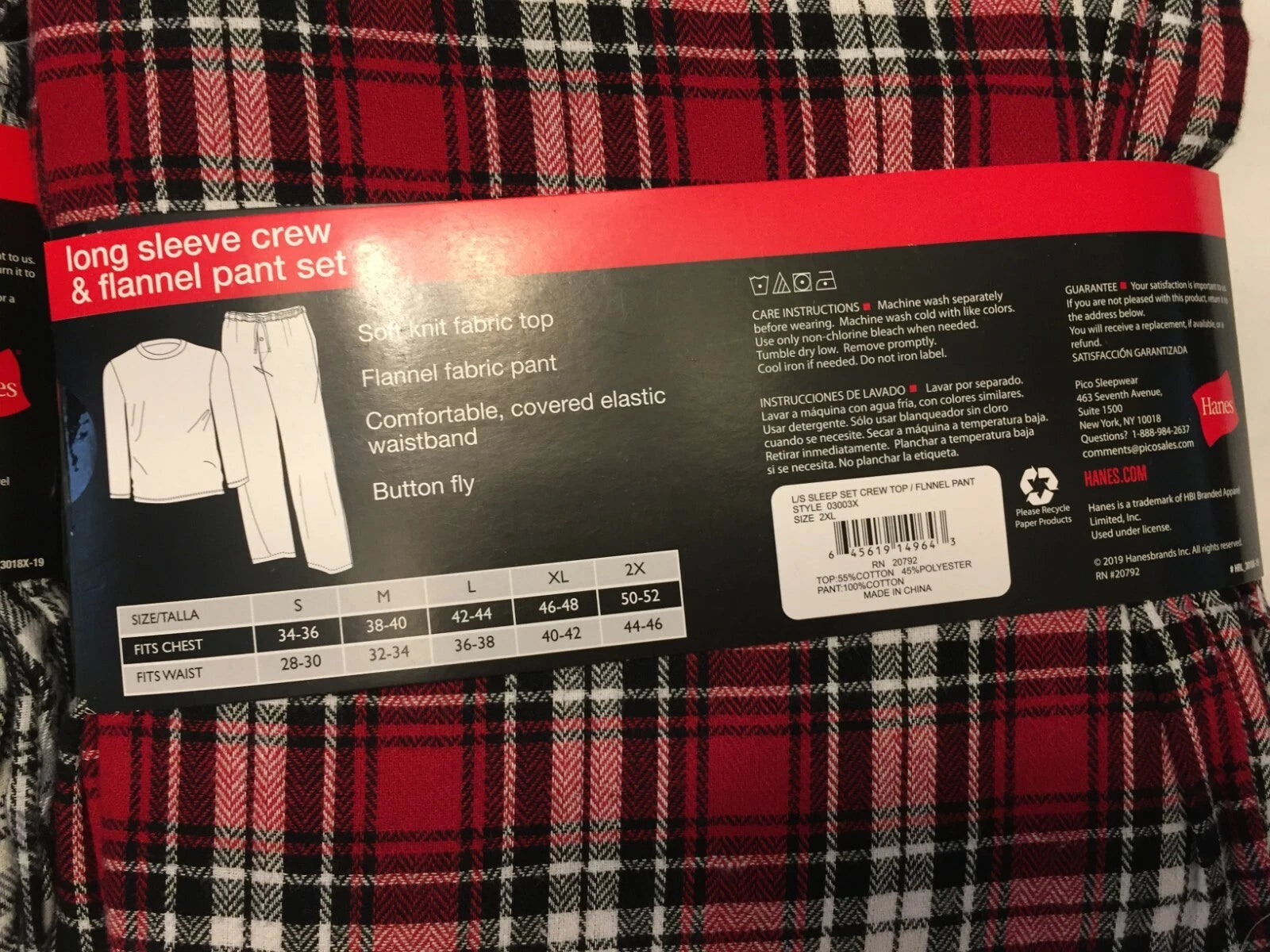 NWT Men's Hanes Long Sleeve Crew Top - Flannel Pant - Set Pajamas PJs Red / Gray