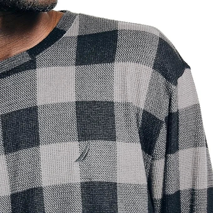 Nautica Men's Relaxed Fit 2PC Waffle Buffalo Plaid Pajama Set, Storm Grey-XL