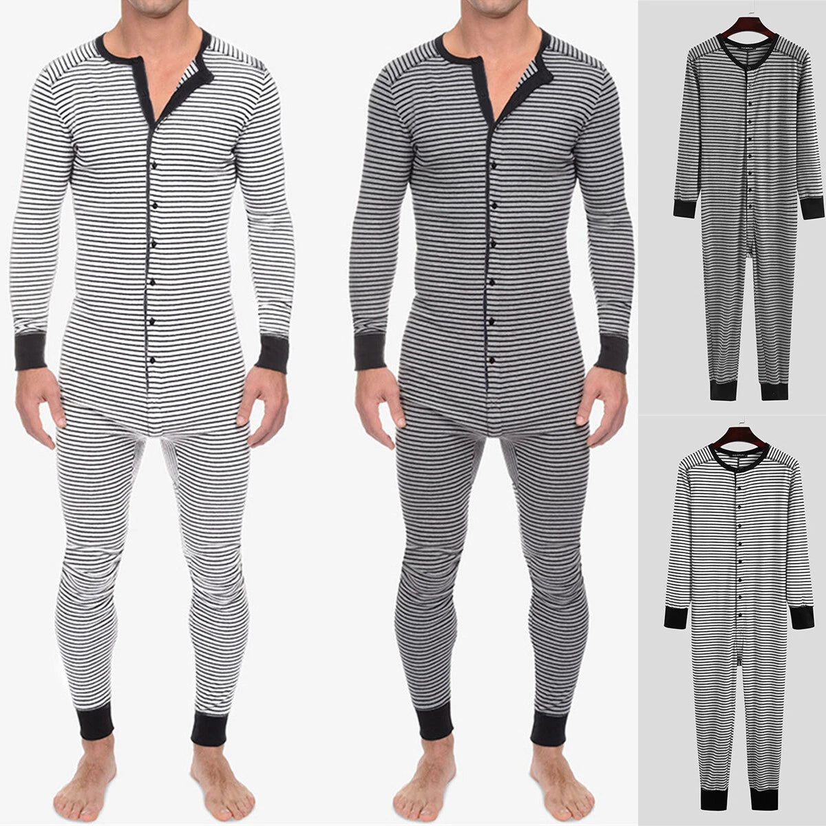 Mens One-Piece Pajamas Long Sleeve Button Bodysuits Jumpsuits Sleepwear Overalls