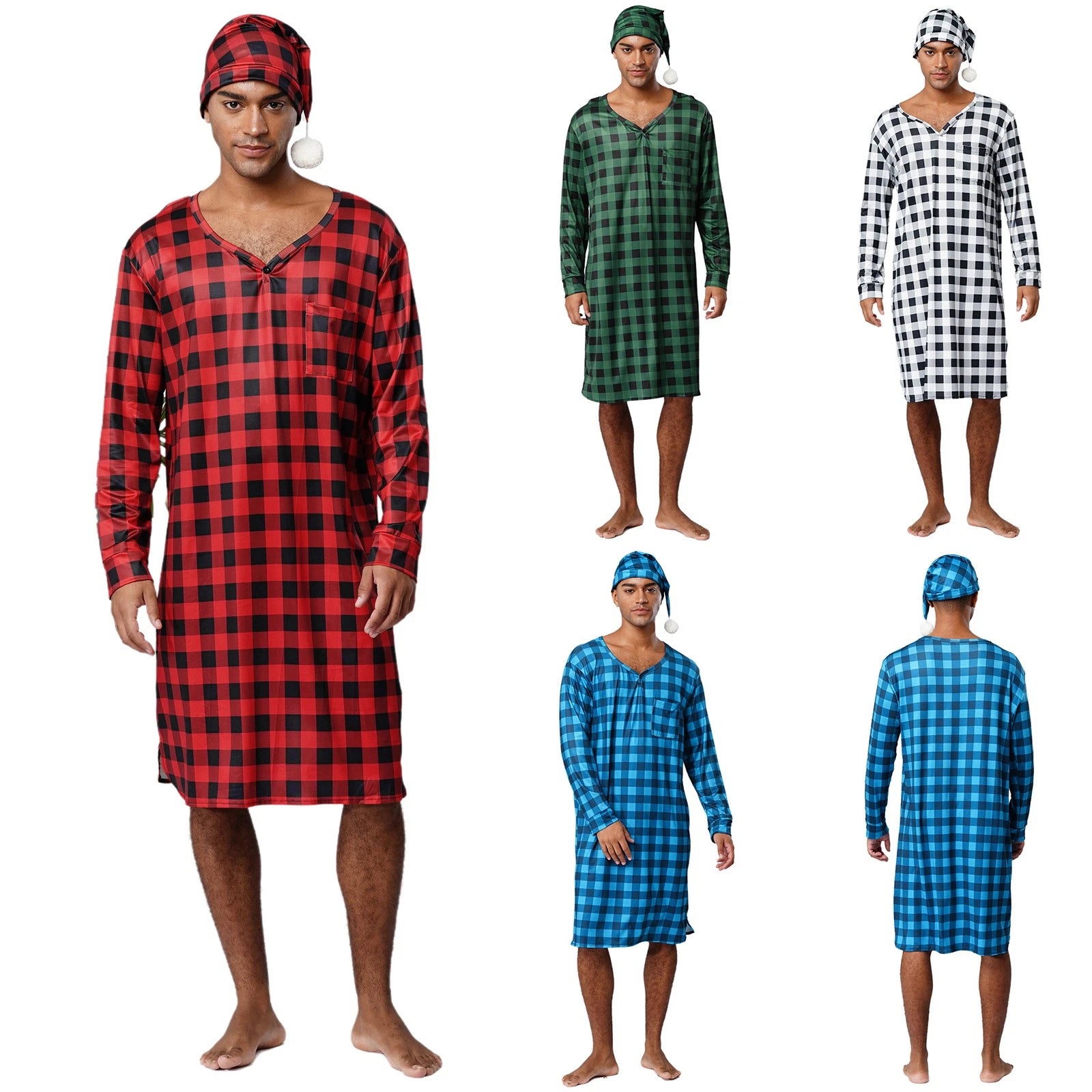 Mens Nightwear Satin Silk Pajama Set  long Sleeve and hat Sleepwear Nightgown