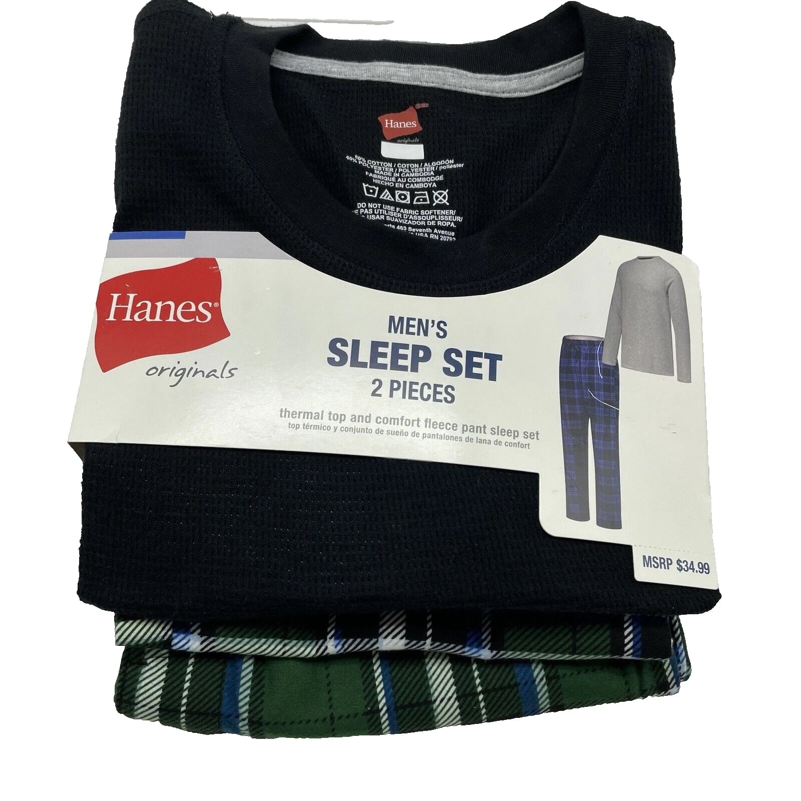 S Hanes Originals Men's 2 Pc Plaid Comfort Fleece Sleep Pajama Set Black SMALL