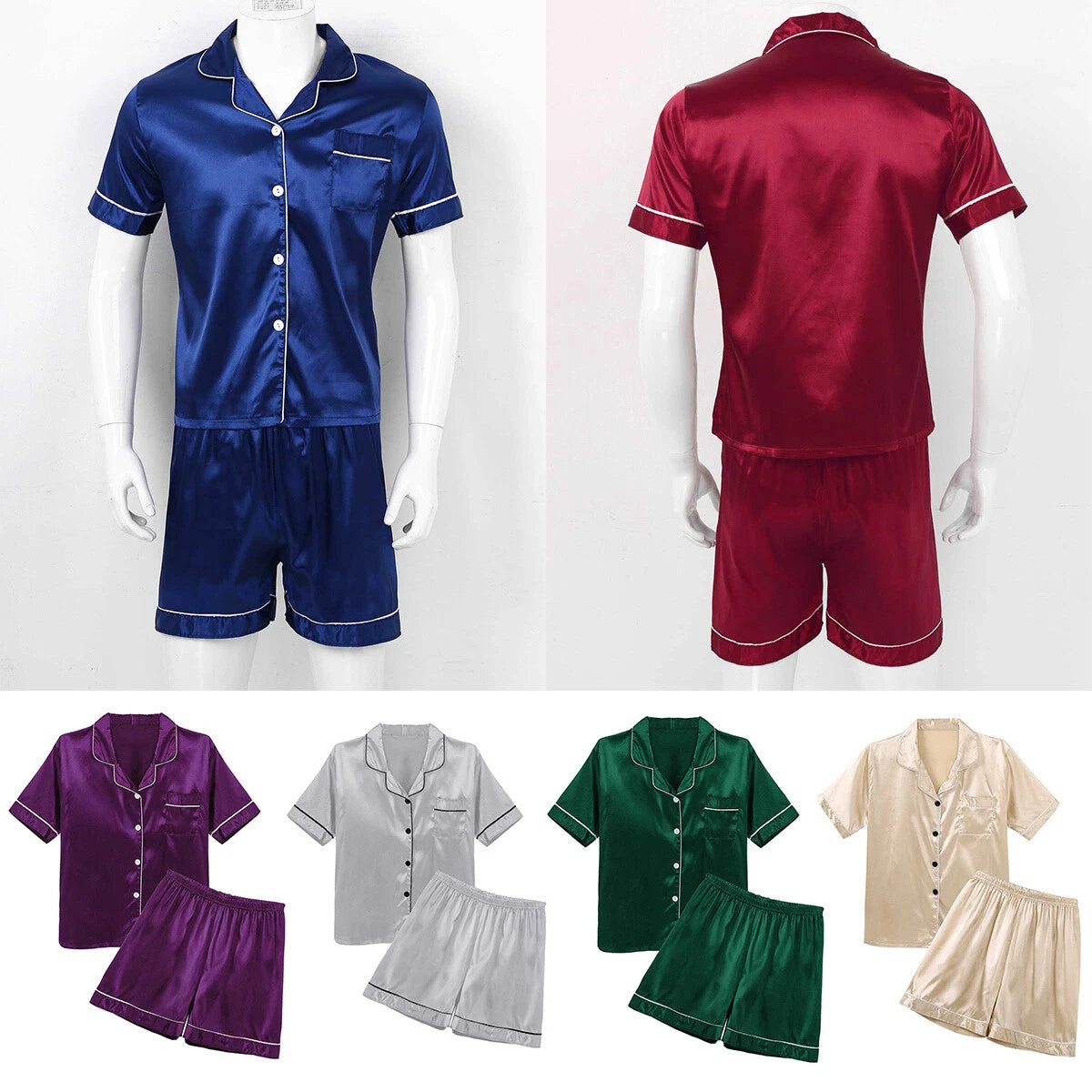 Mens Shiny Satin Pajamas Set Short Sleeves Button Down Shirt with Boxer Short