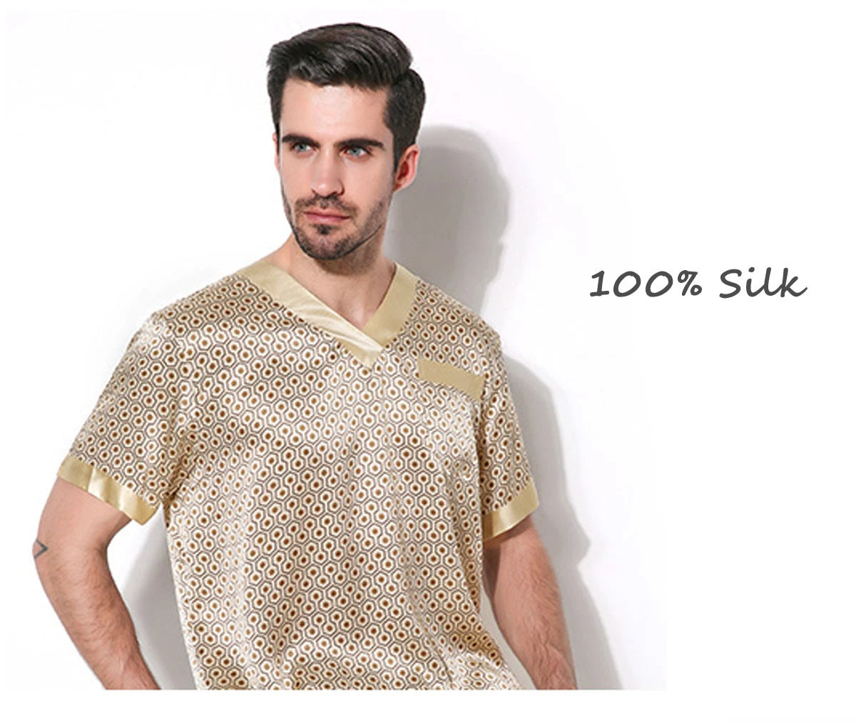 Mens 100% Silk Print Sleepwear T-shirt Top & Shorts Set Silk Pajamas Set S M L