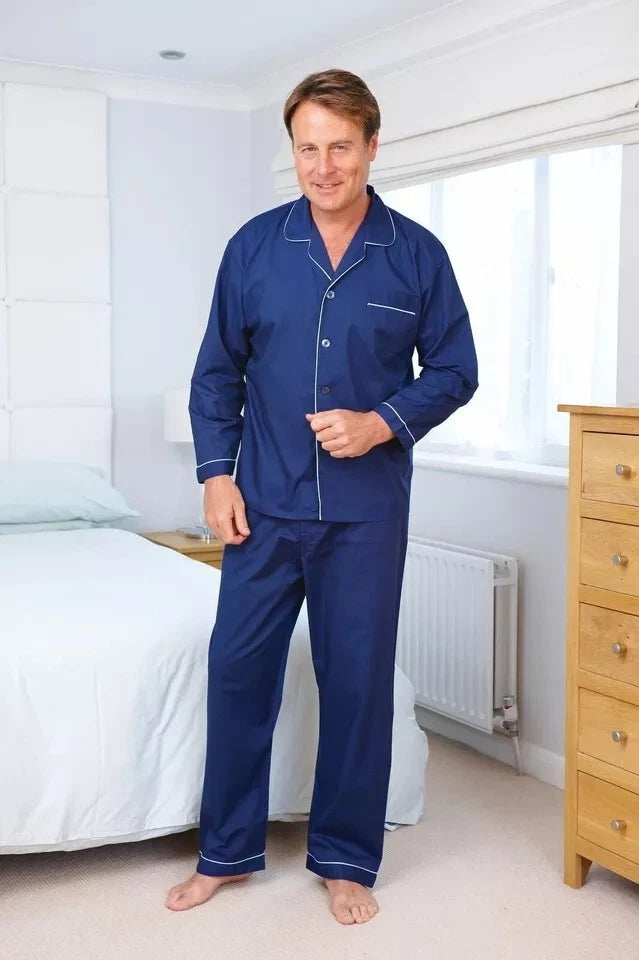 Men's Champion Plain Poly Cotton Pyjamas Traditional Navy Blue S-5XL