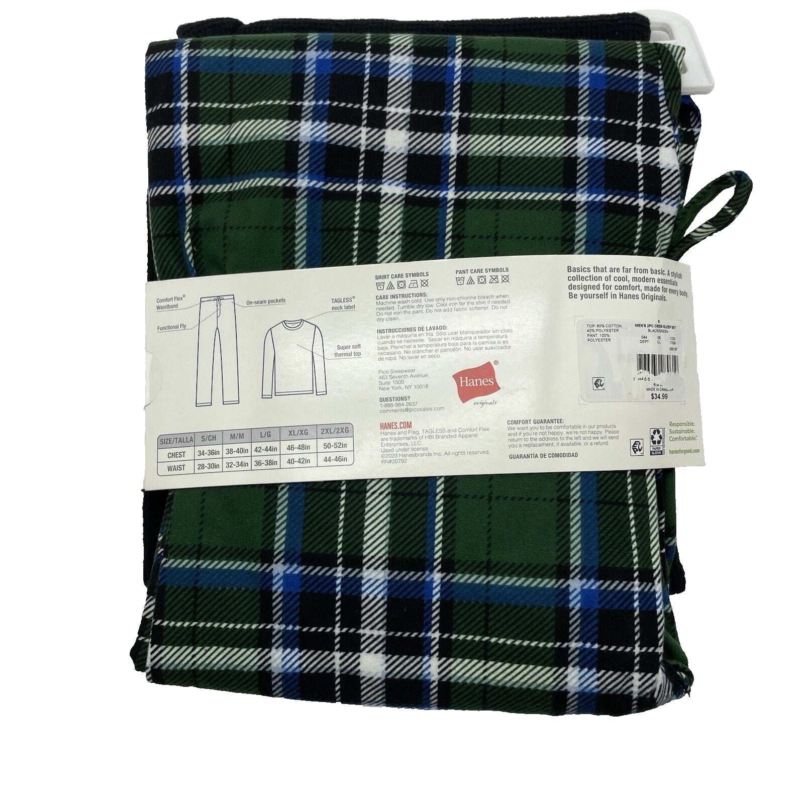 S Hanes Originals Men's 2 Pc Plaid Comfort Fleece Sleep Pajama Set Black SMALL