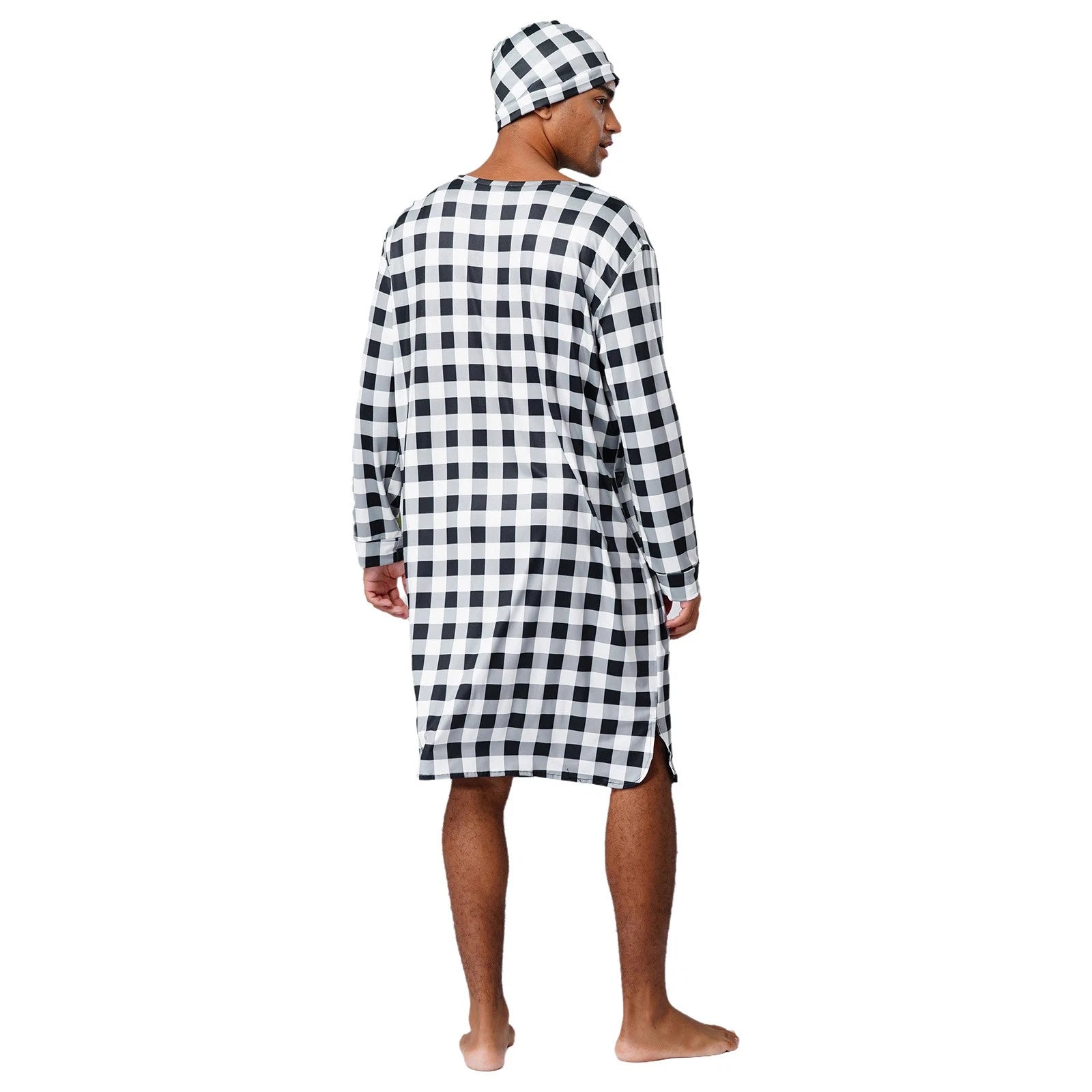 Mens Nightwear Satin Silk Pajama Set  long Sleeve and hat Sleepwear Nightgown