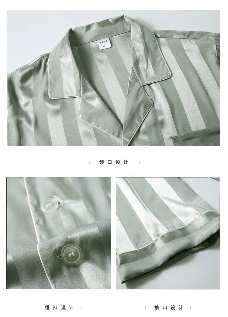 Mens Pajamas Nightwear Long Sleeve Sleep Tops Trousers Thin Ice Silk Pajamas Set