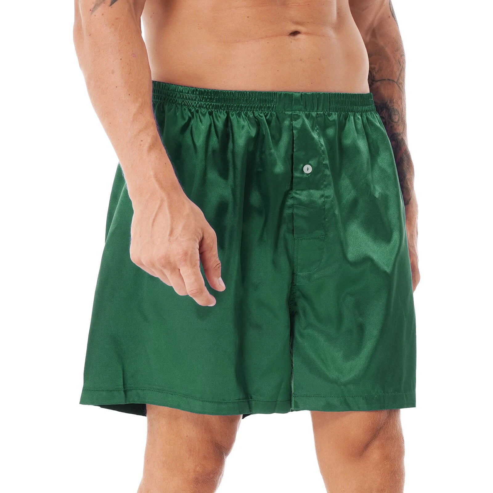 Mens Shiny Satin Pajamas Set Short Sleeves Button Down Shirt with Boxer Short