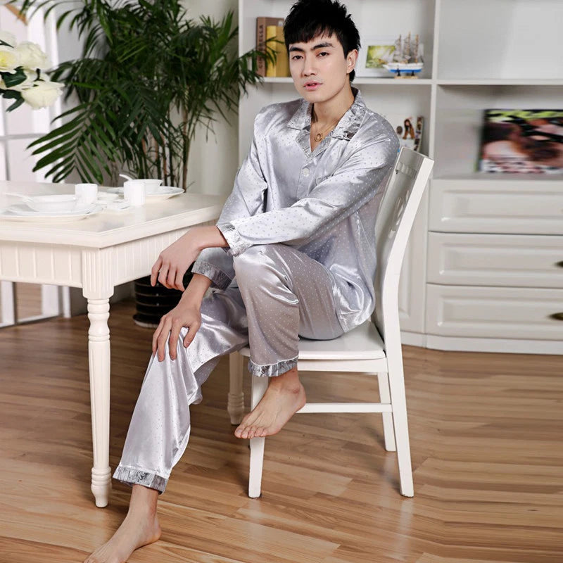 NWT 2PCS Mens Silk Satin Pajamas Sleepwear Pyjamas PJS Long Sleeve M024  M,L,XL