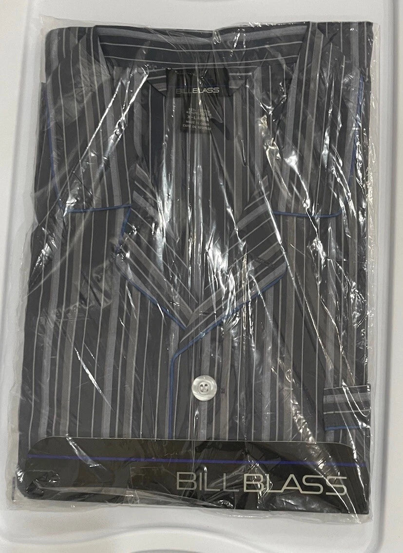 NWT Bill Blass Mens Long Sleeve Long Leg Pajamas Set XL Grey / Blue Cotton/ Poly