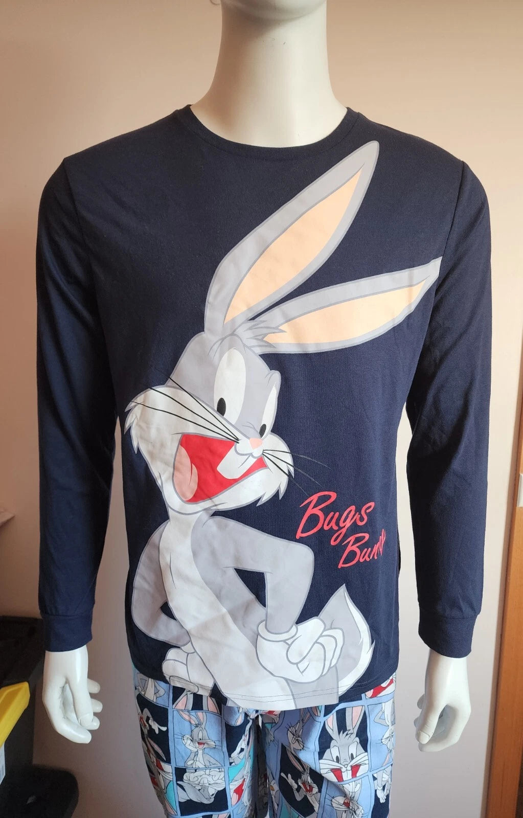 Looney Tunes Bugs Bunny Mens Navy Blue Printed 2 Piece Pyjama Set Size M New