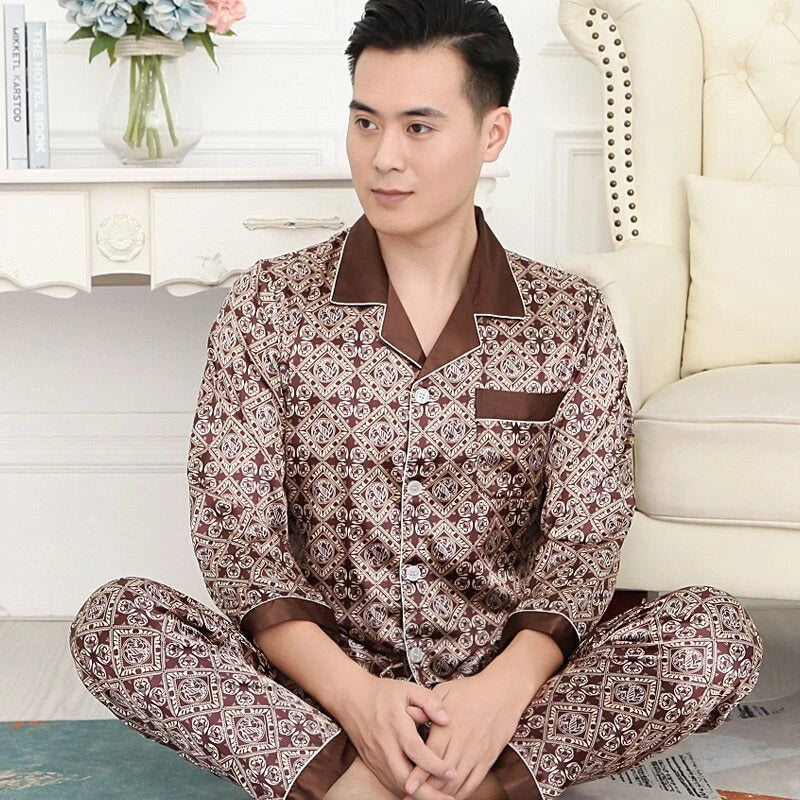 Mens Pajamas Nightwear Long Sleeve Sleep Tops Trousers Thin Ice Silk Pajamas Set