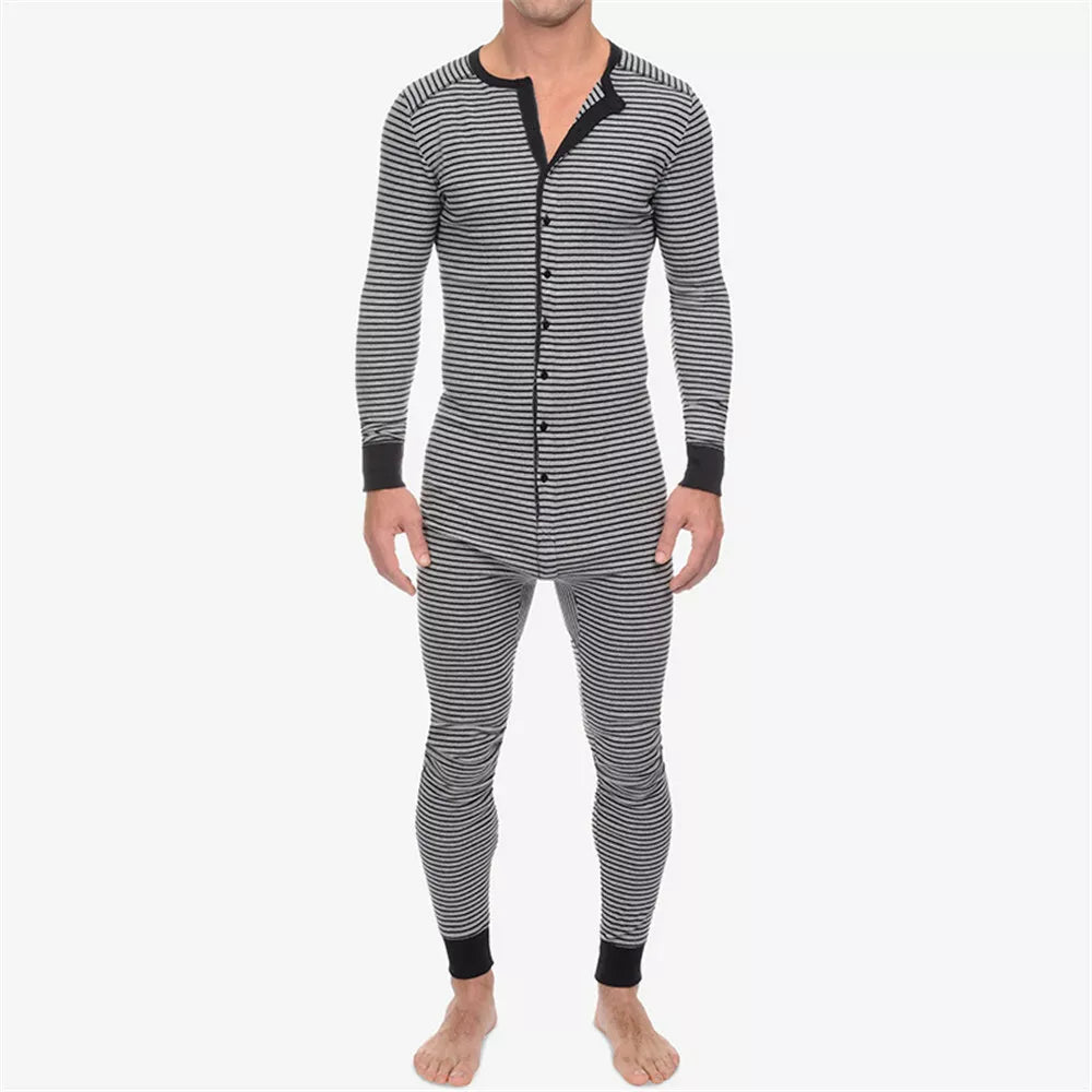 Mens One-Piece Pajamas Long Sleeve Button Bodysuits Jumpsuits Sleepwear Overalls
