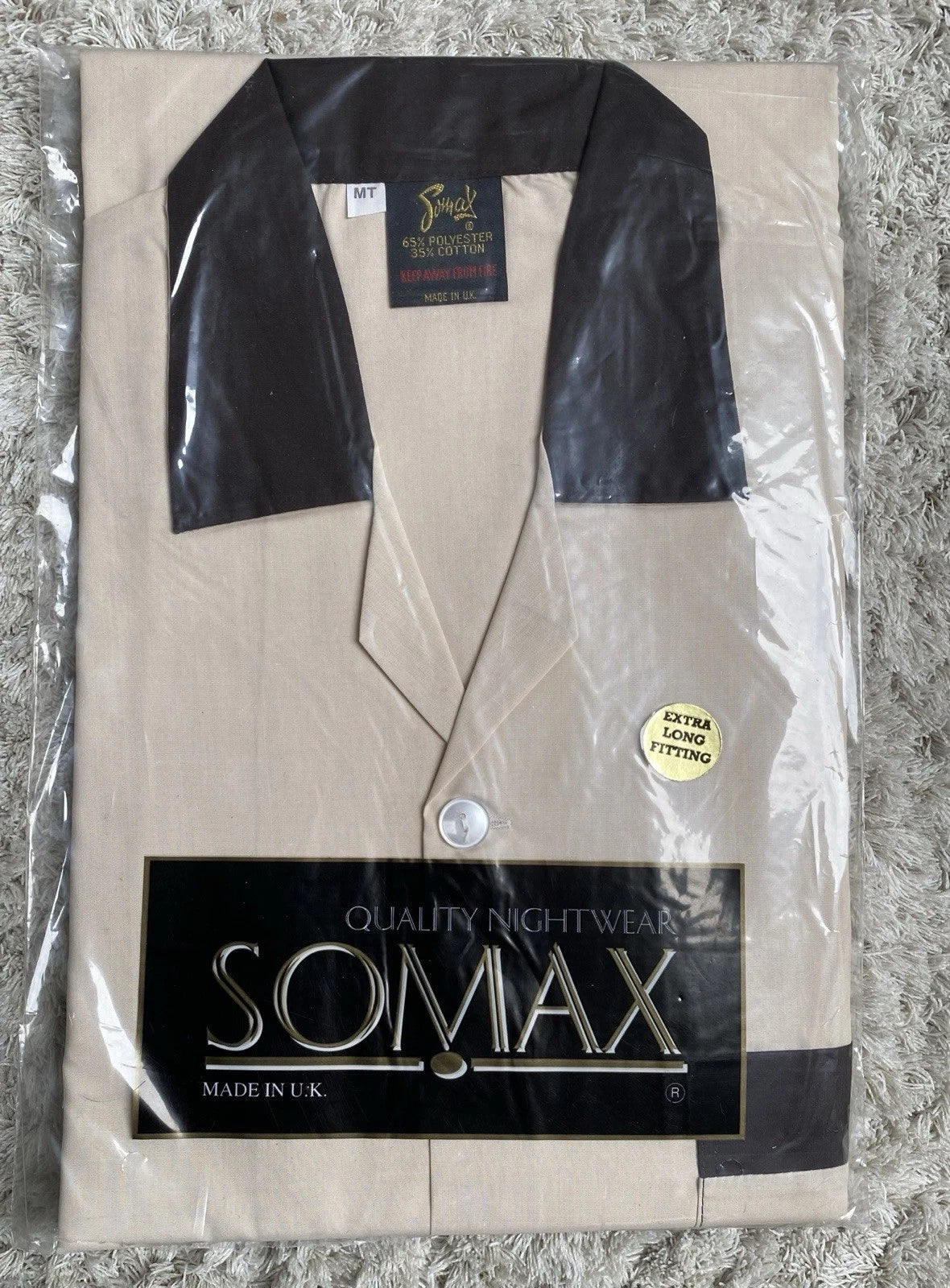 Somax Retro Style Men's Extra Long Fitting Pyjama Set Cream & Brown - Medium