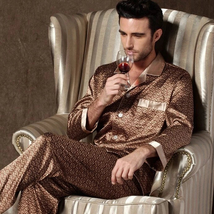 Mens Pajamas Nightwear Long Sleeve Sleep Tops Trousers Thin Ice Silk Pajamas Set