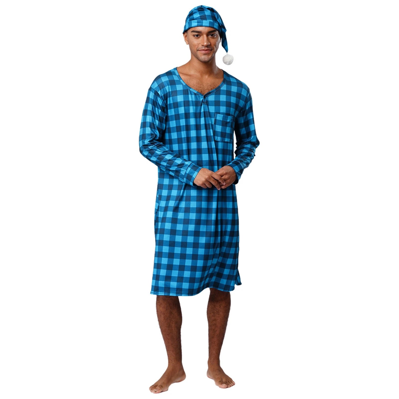 Mens Nightwear Satin Silk Pajama Set  long Sleeve and hat Sleepwear Nightgown
