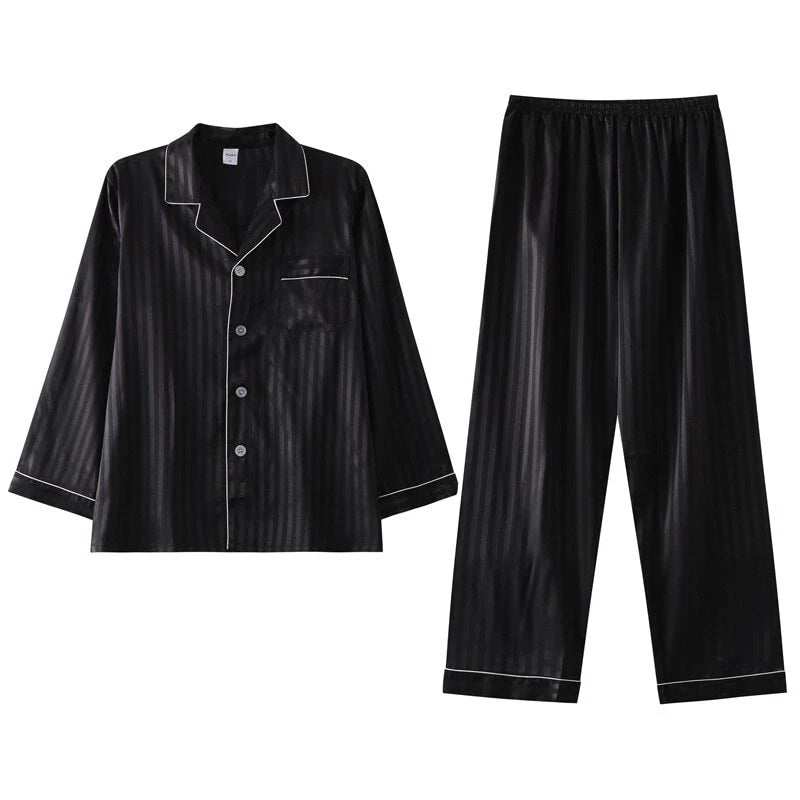 Mens Pajamas Nightwear Long Sleeve Sleep Tops Trousers Thin Ice Silk Pajamas Set