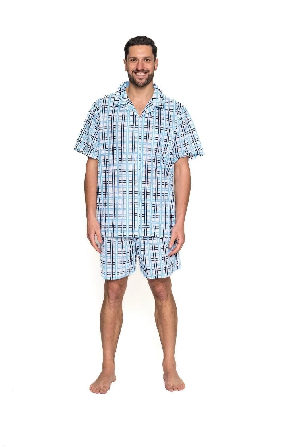 Mens Blue Black Check Print Short Sleeve Summer Cotton Pjs Pyjama Set