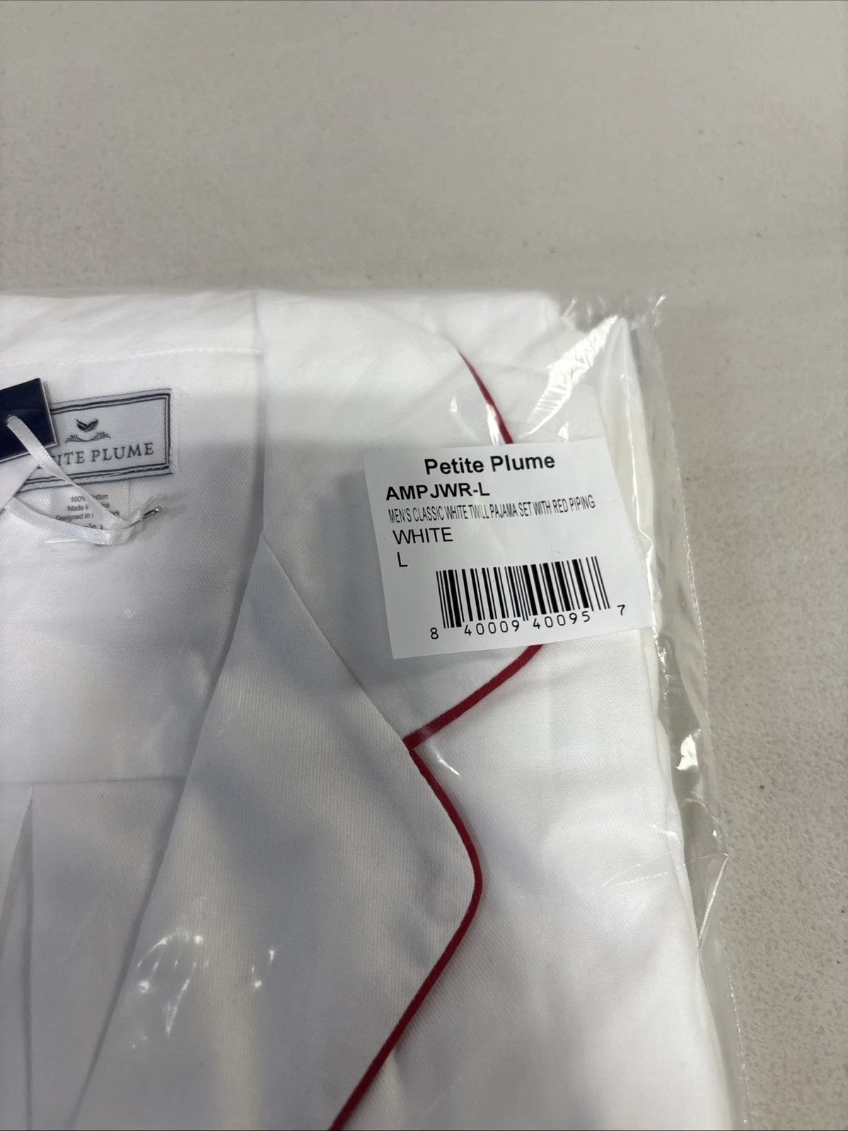 Petite Plume Men's Classic White Twill Pajama Set w/ Red Piping Size large