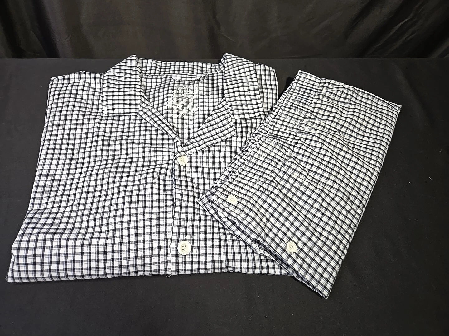 Sz 4XL Men's Pajama Set Lounge Shirt & Pants Cotton Blend Black & Blue Check New