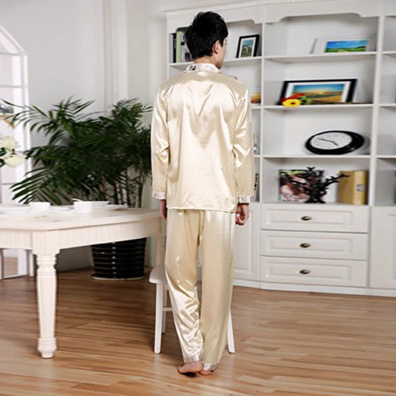 NWT 2PCS Mens Silk Satin Pajamas Sleepwear Pyjamas PJS Long Sleeve M024  M,L,XL