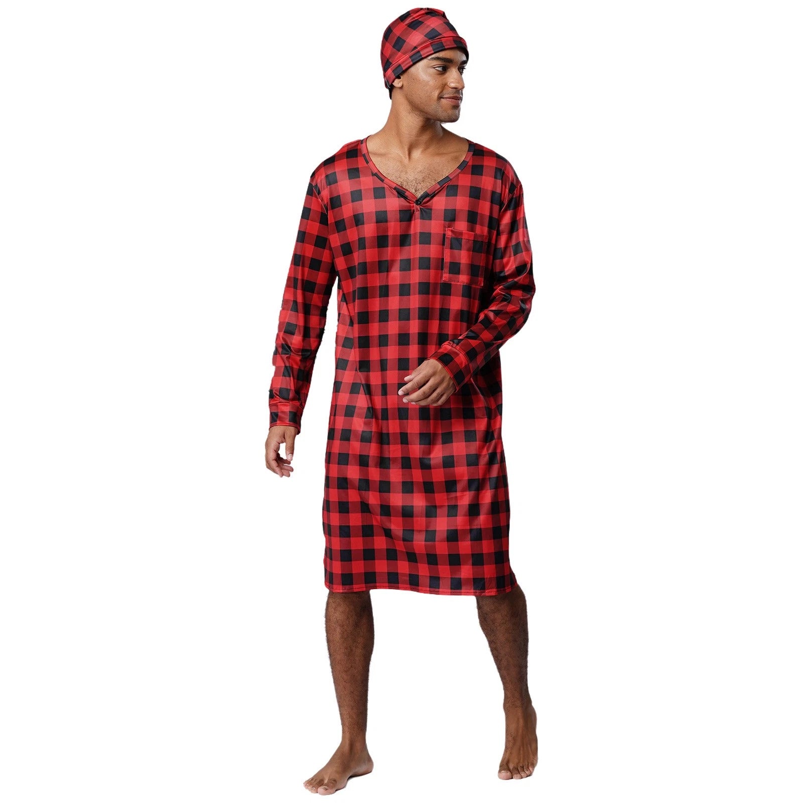 Mens Nightwear Satin Silk Pajama Set  long Sleeve and hat Sleepwear Nightgown