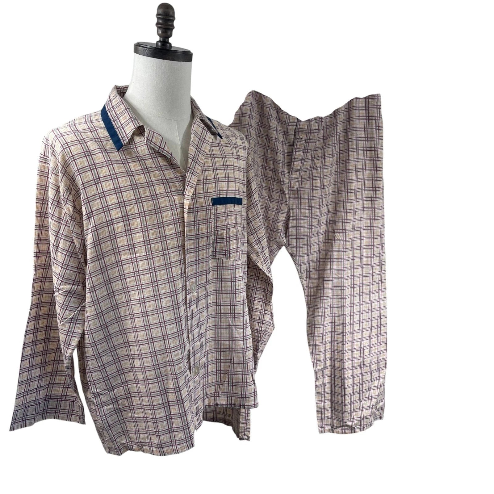 VTG PCA Perma Press Men's 2 Piece Pajama Set Sz L Top Bottom Plaid Grandpa Comfy