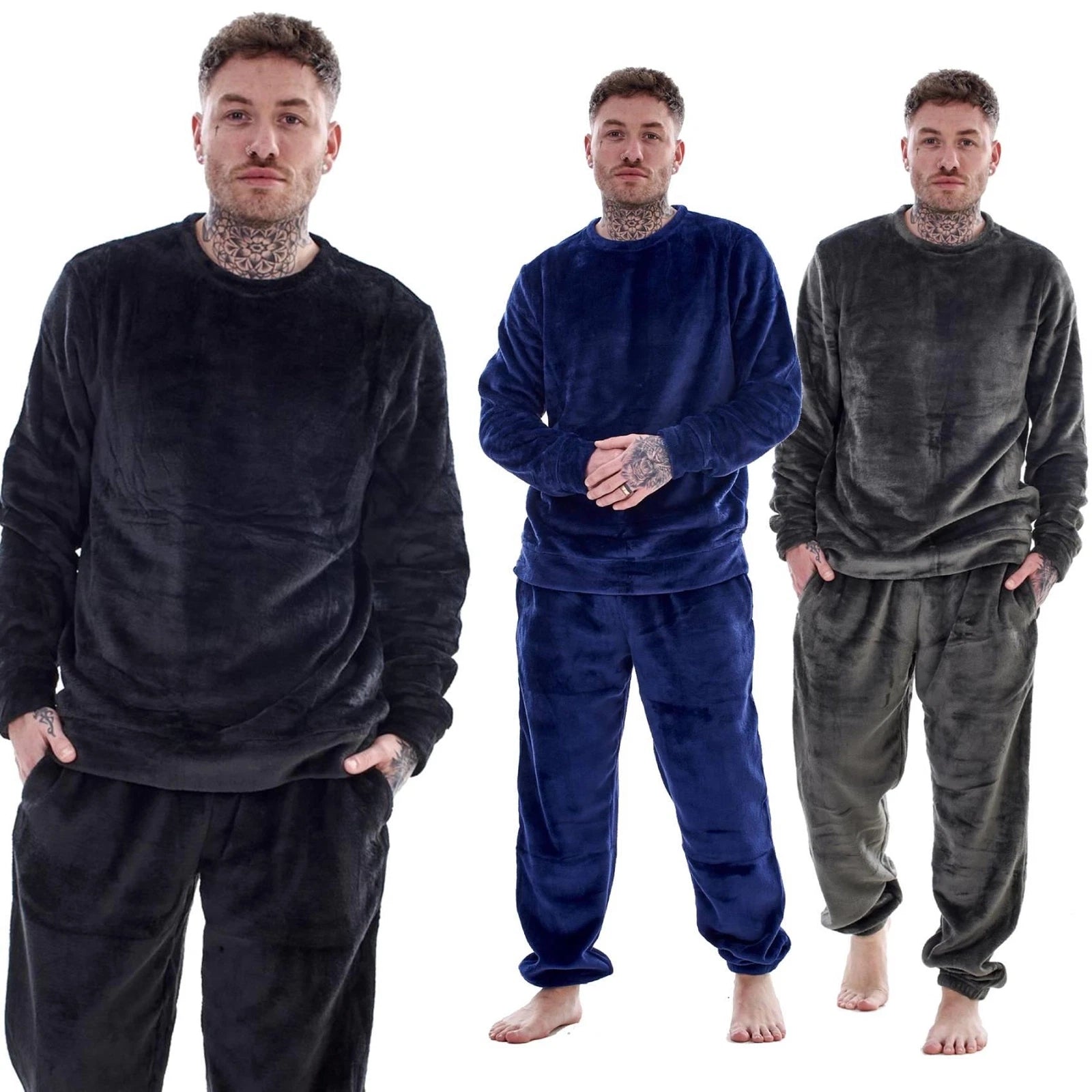 Mens Luxury Flannel Fleece Crew Neck Twosies Pyjamas Lounge Set Soft Warm Gift