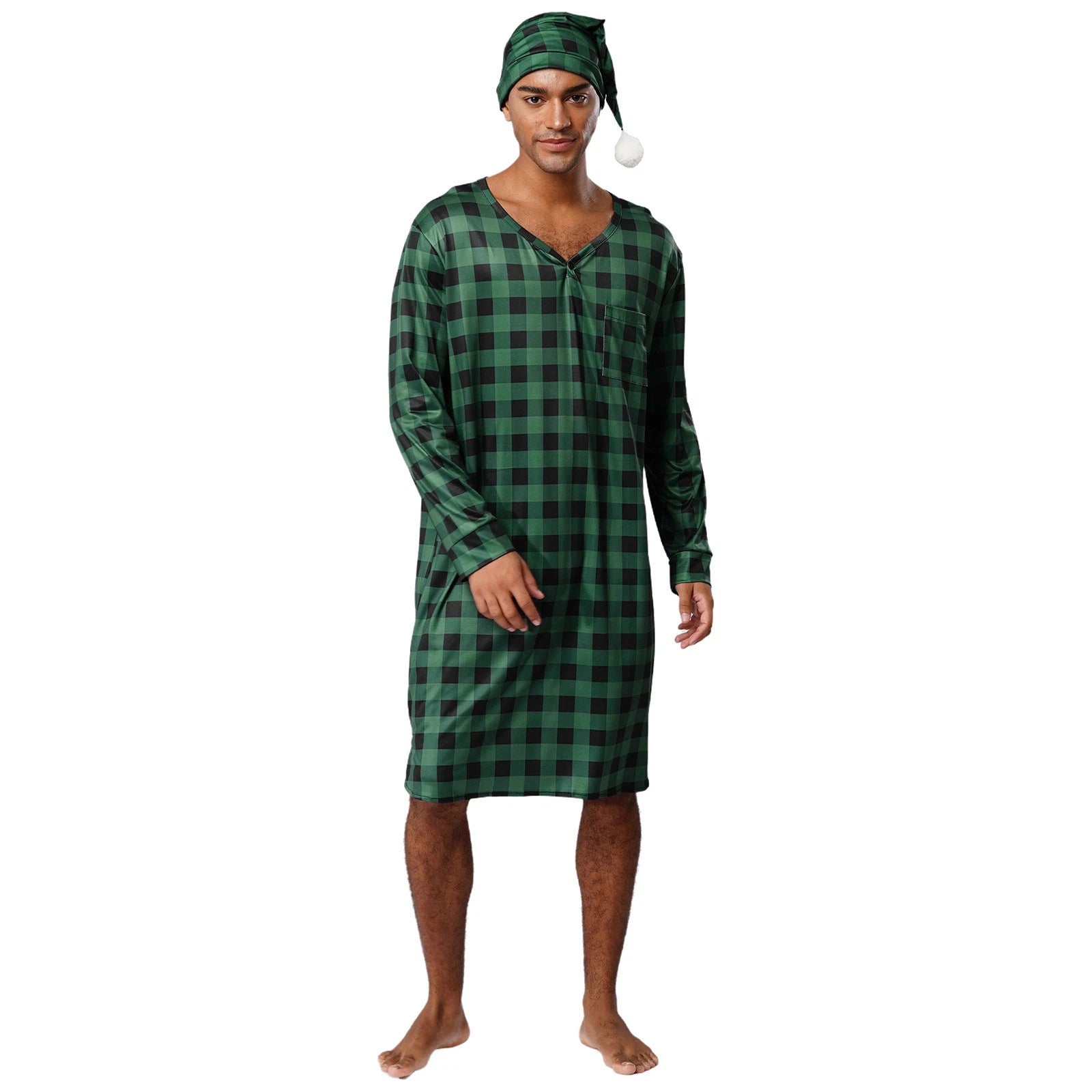 Mens Nightwear Satin Silk Pajama Set  long Sleeve and hat Sleepwear Nightgown