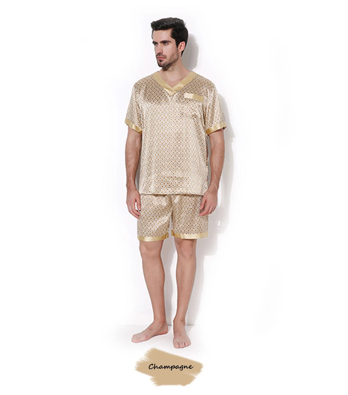 Mens 100% Silk Print Sleepwear T-shirt Top & Shorts Set Silk Pajamas Set S M L