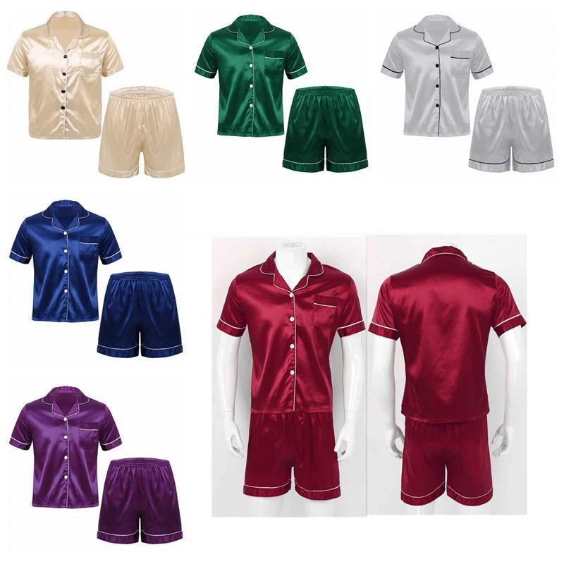 Mens Shiny Satin Pajamas Set Short Sleeves Button Down Shirt with Boxer Short