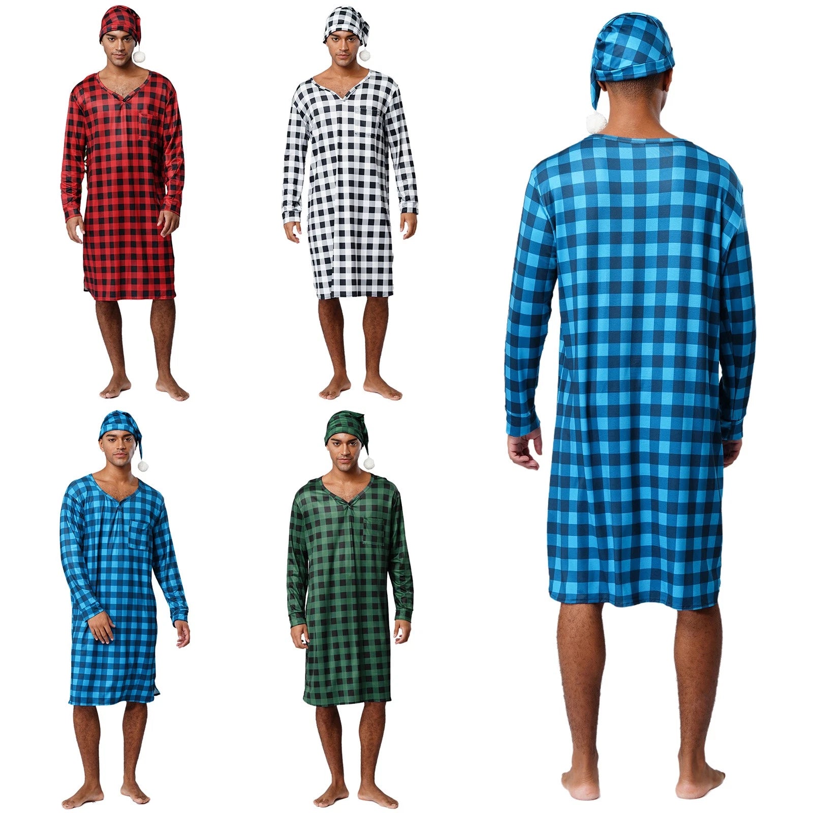 Mens Nightwear Satin Silk Pajama Set  long Sleeve and hat Sleepwear Nightgown