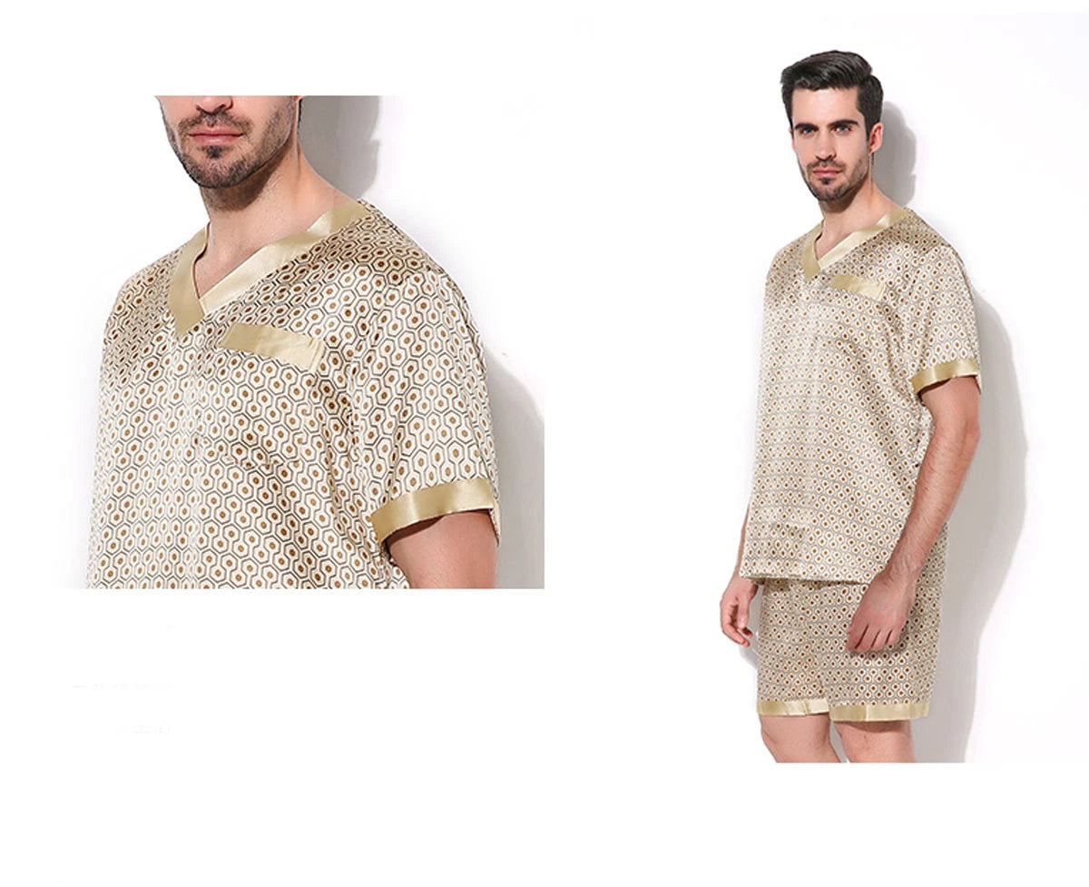Mens 100% Silk Print Sleepwear T-shirt Top & Shorts Set Silk Pajamas Set S M L