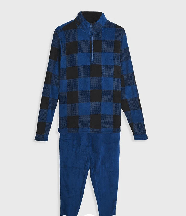 Mens High Street Checked Fleece Blue/Black Soft Warm Pyjamas Lounge Set