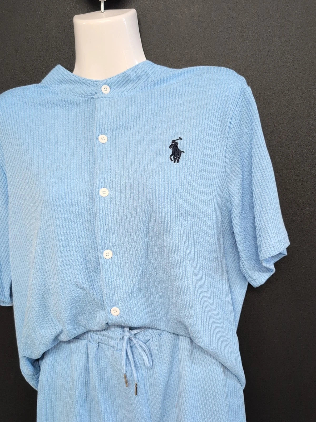Mens Polo Short Sleeve Button Up Shirt and Shorts Pajama Set Size M Blue