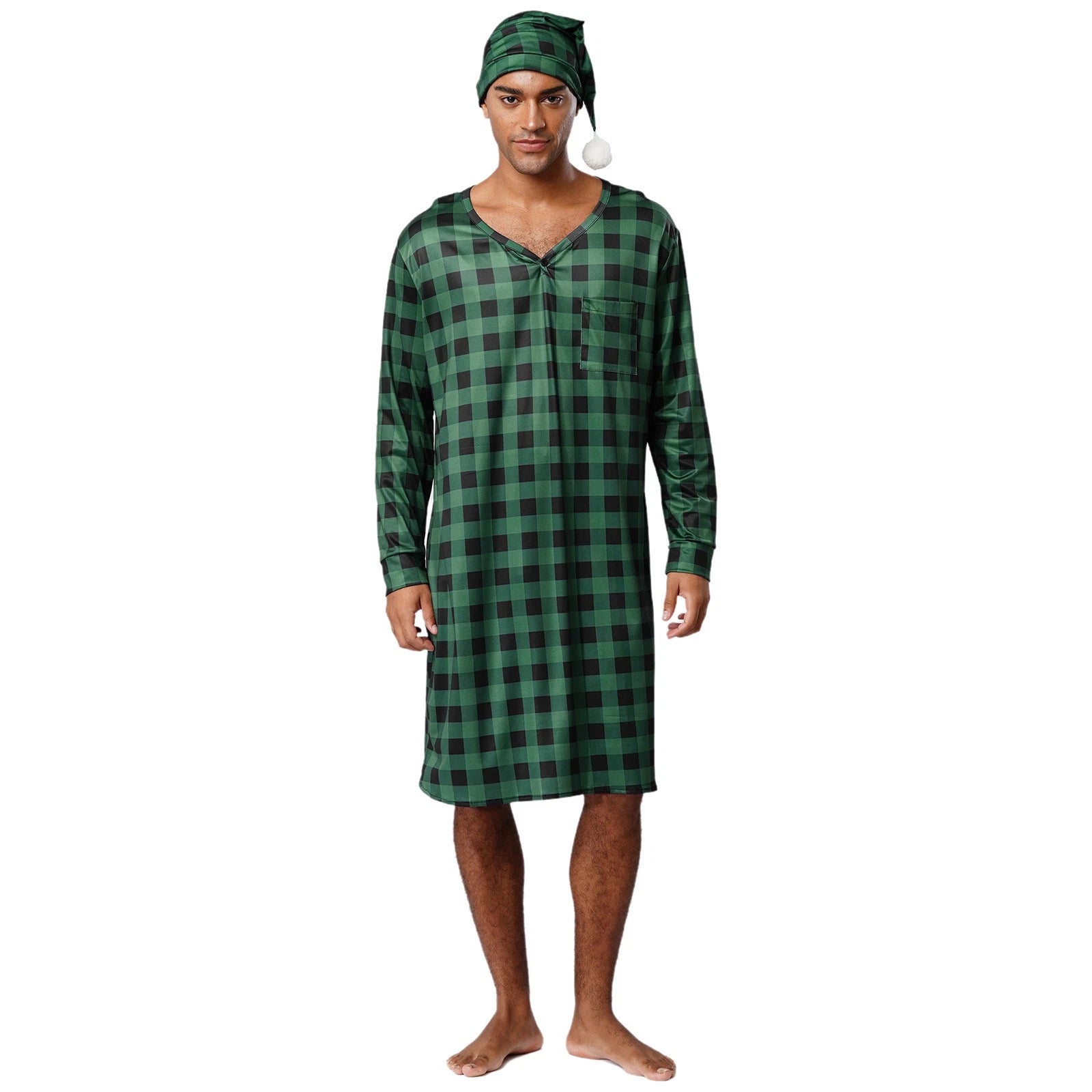Mens Nightwear Satin Silk Pajama Set  long Sleeve and hat Sleepwear Nightgown