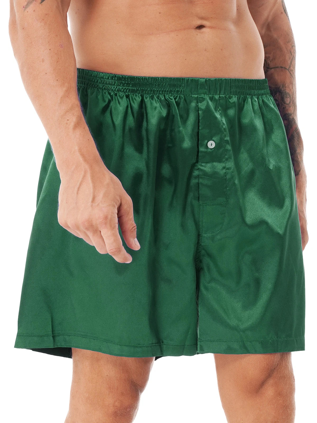 Mens Shiny Satin Pajamas Set Short Sleeves Button Down Shirt with Boxer Short