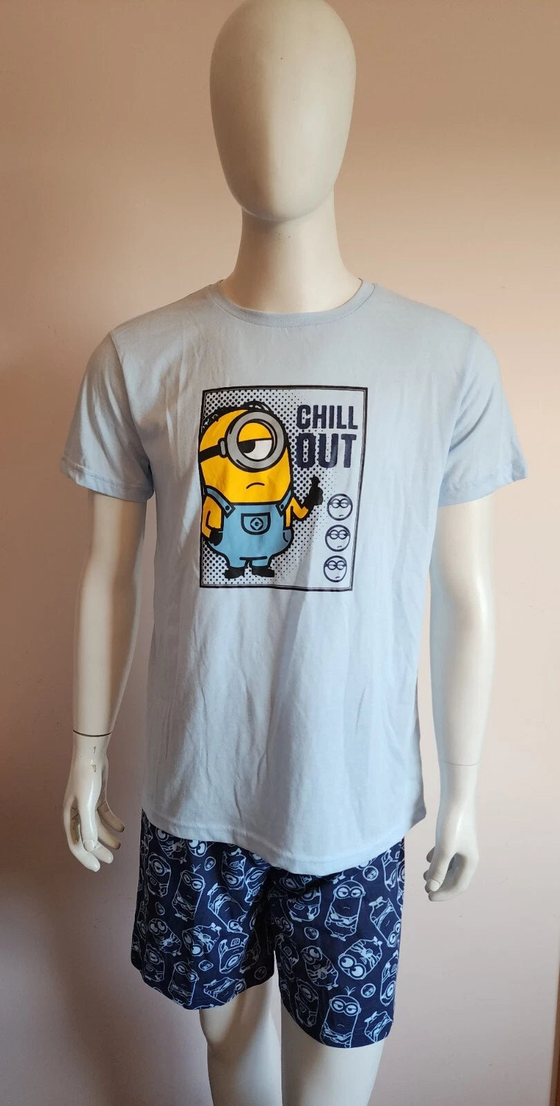 Minions Mens Chill Out Blue Printed 2 Piece Short Sleeve Pyjama Set Size S New