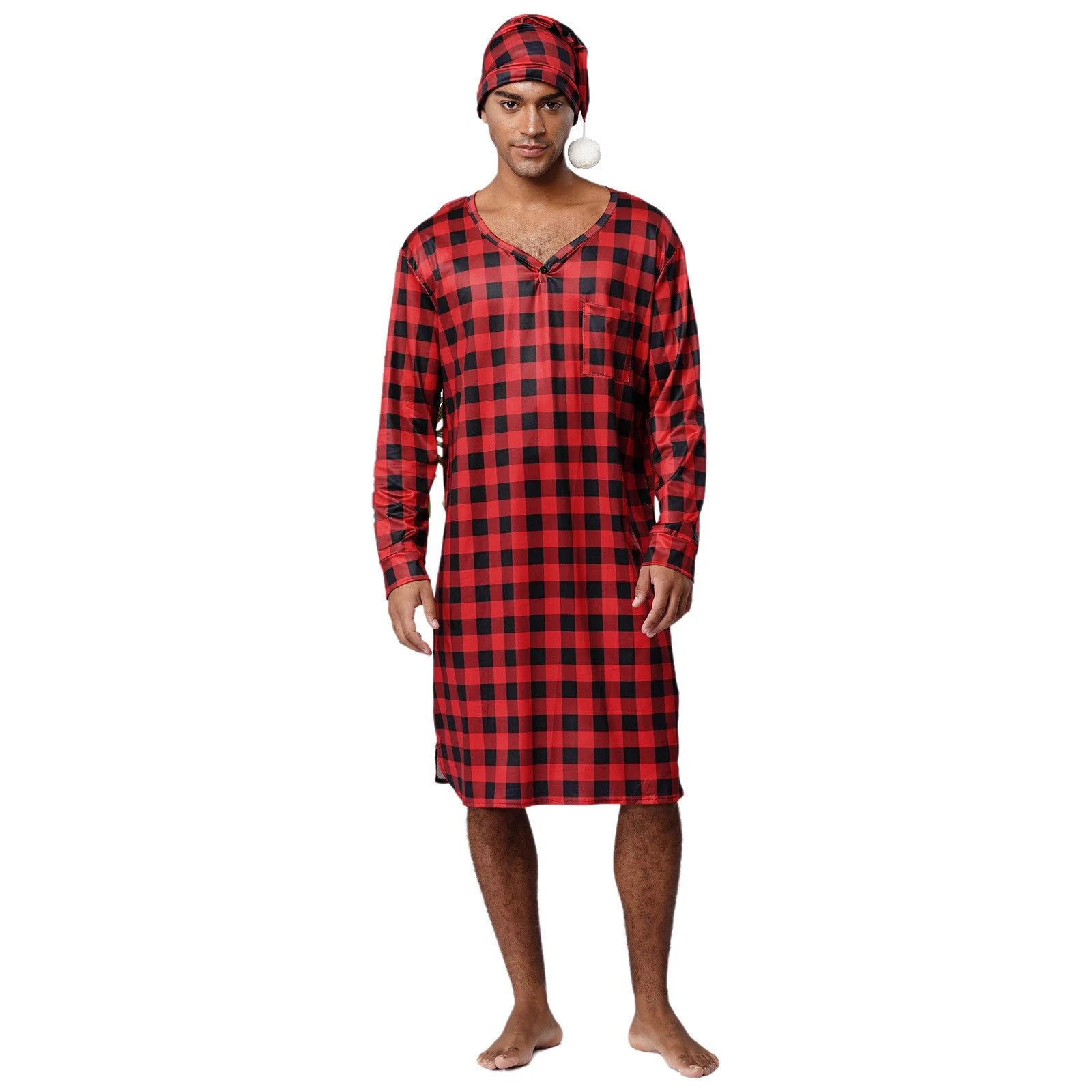 Mens Nightwear Satin Silk Pajama Set  long Sleeve and hat Sleepwear Nightgown