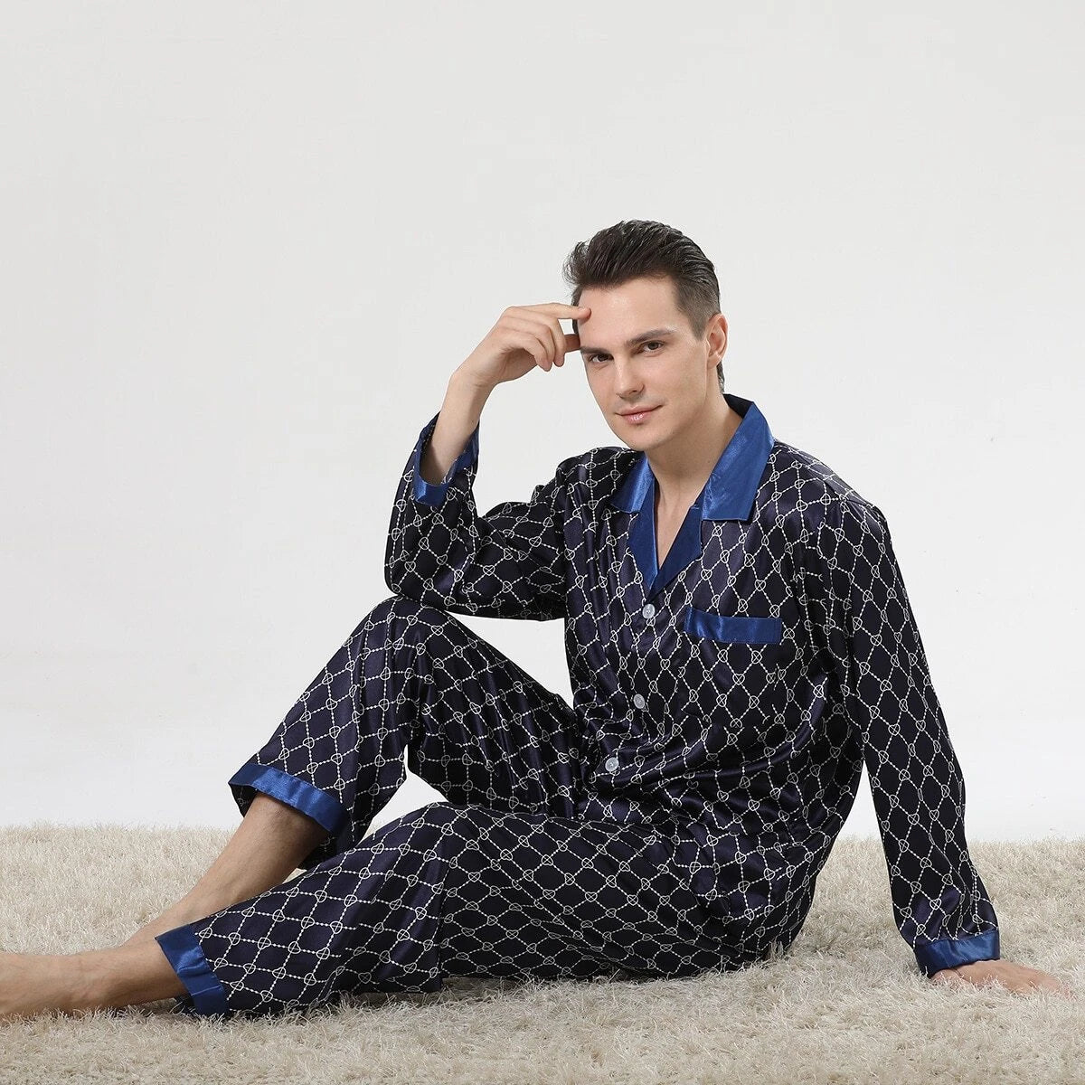 Mens Pajamas Nightwear Long Sleeve Sleep Tops Trousers Thin Ice Silk Pajamas Set
